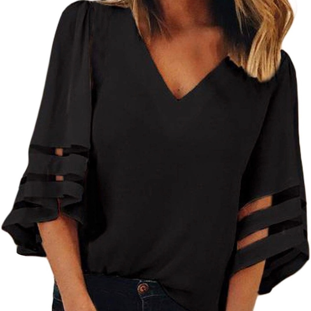 Black blouse with mesh bell sleeve